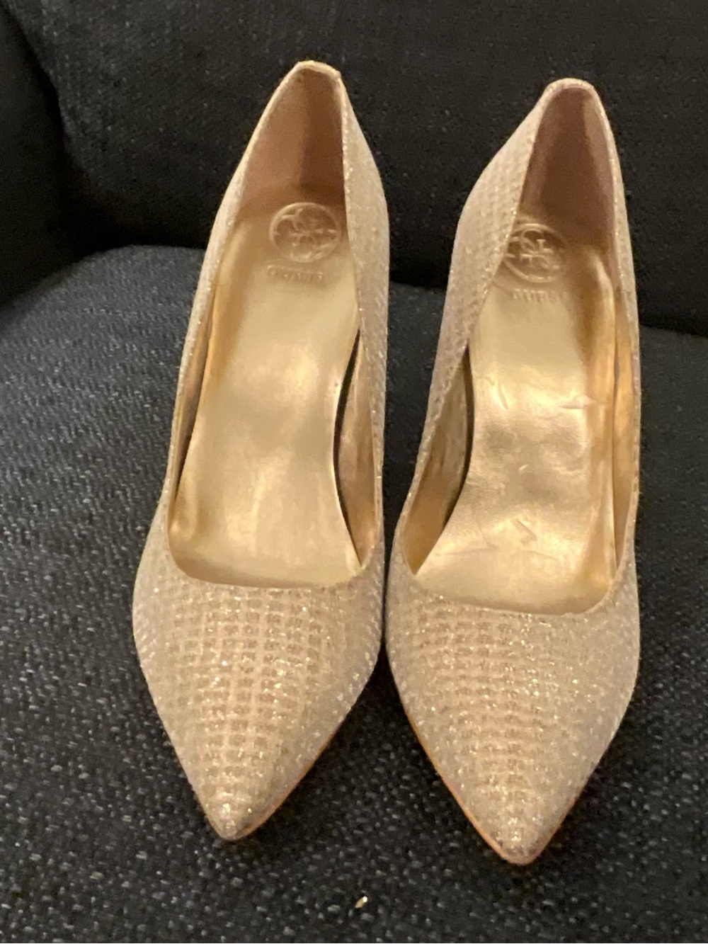 Guess Glitter Pointed-Toe Pumps in Champagne